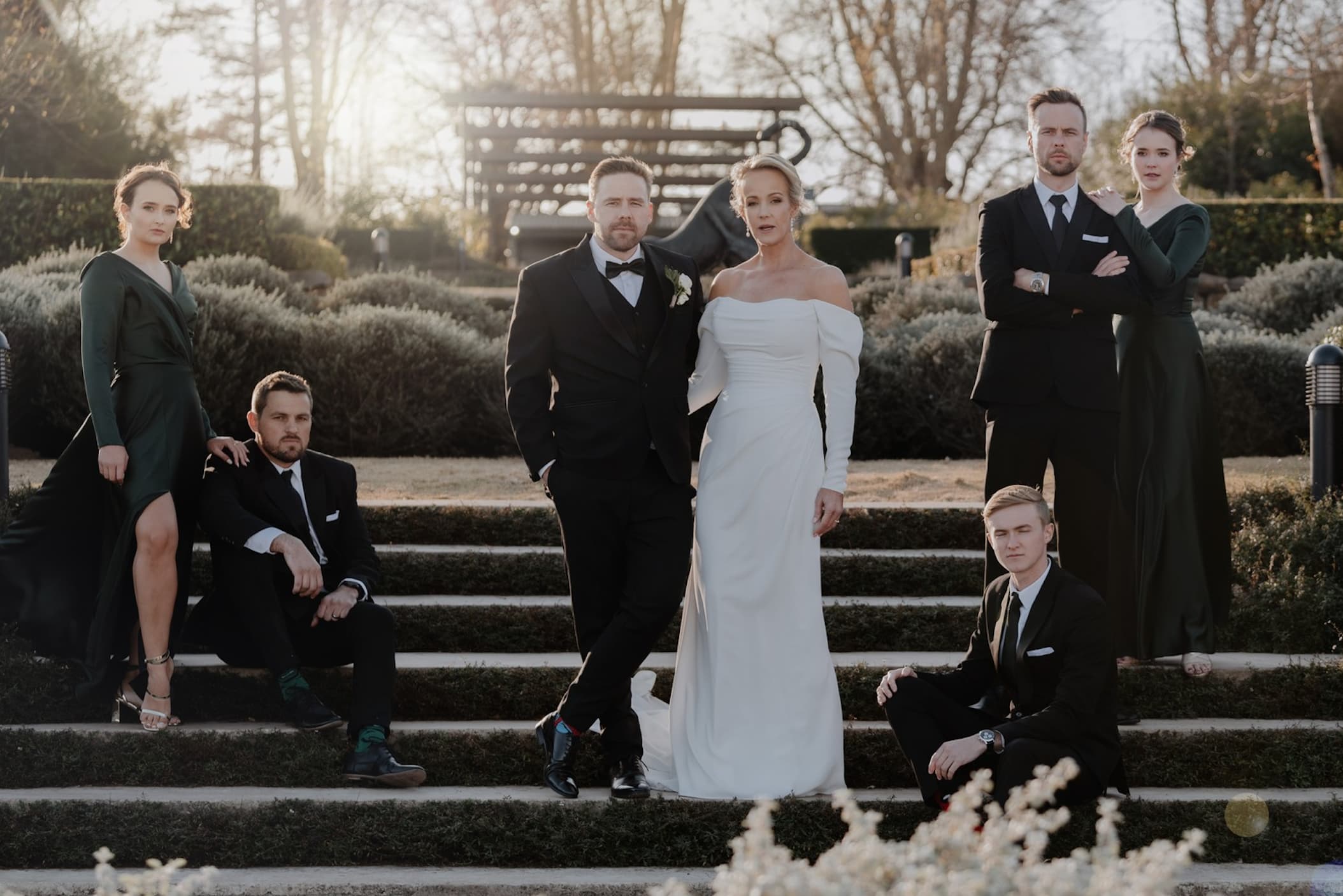  wedding party photo on stairs 